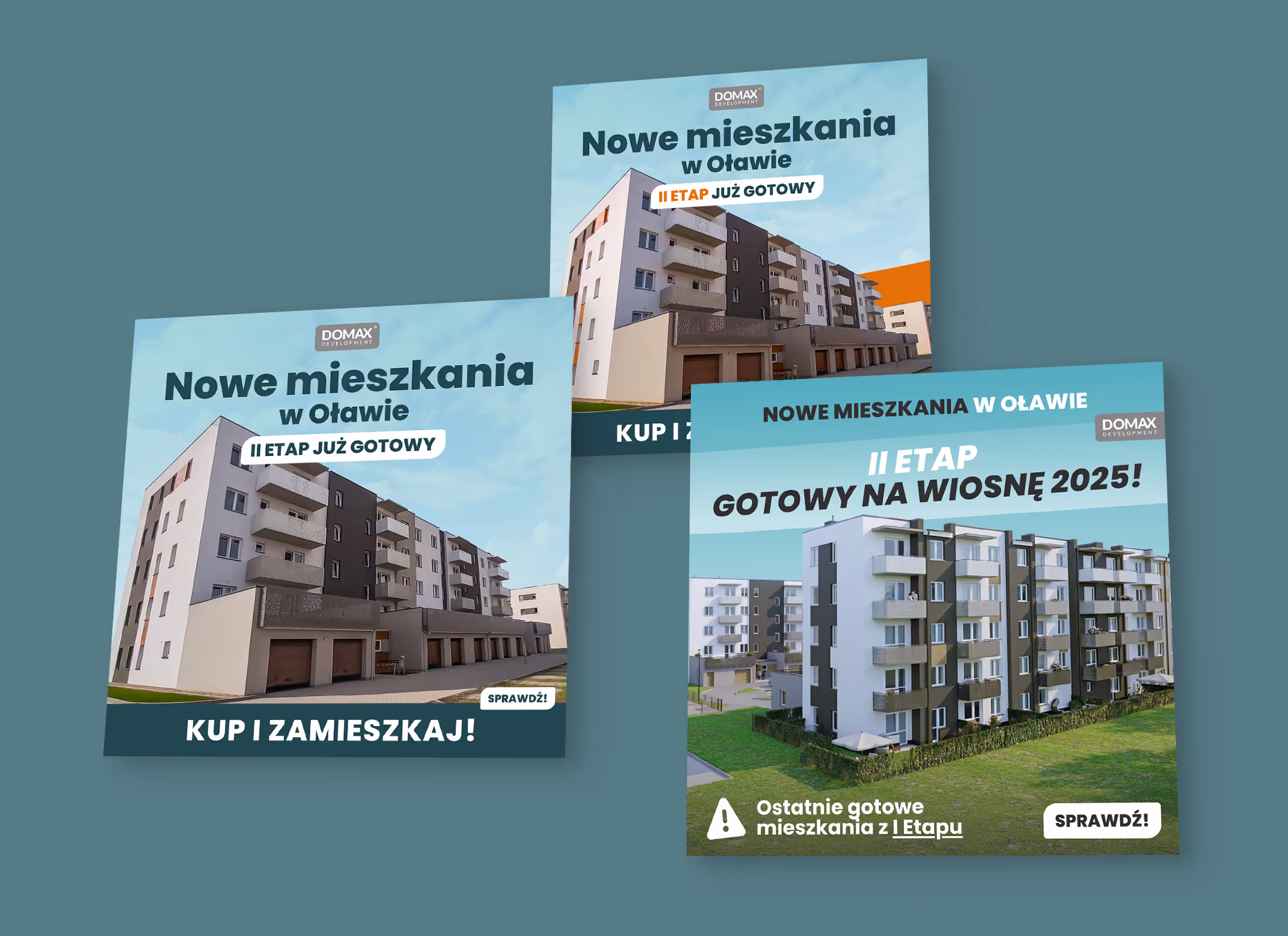 Trzy różne wersje banerów reklamowych 1:1 (kwadratowych) dla Domax Development. Przykłady grafik do kampanii w social mediach.