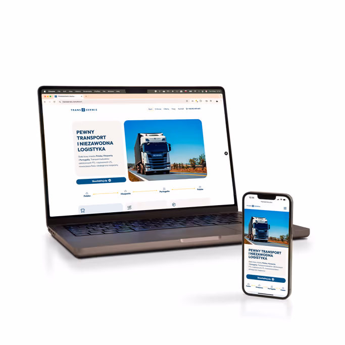Laptop i smartfon z wyświetlonym Landing Page Framer dla firmy transportowej Transserwis. Nowoczesna strona mobilna i desktop.
