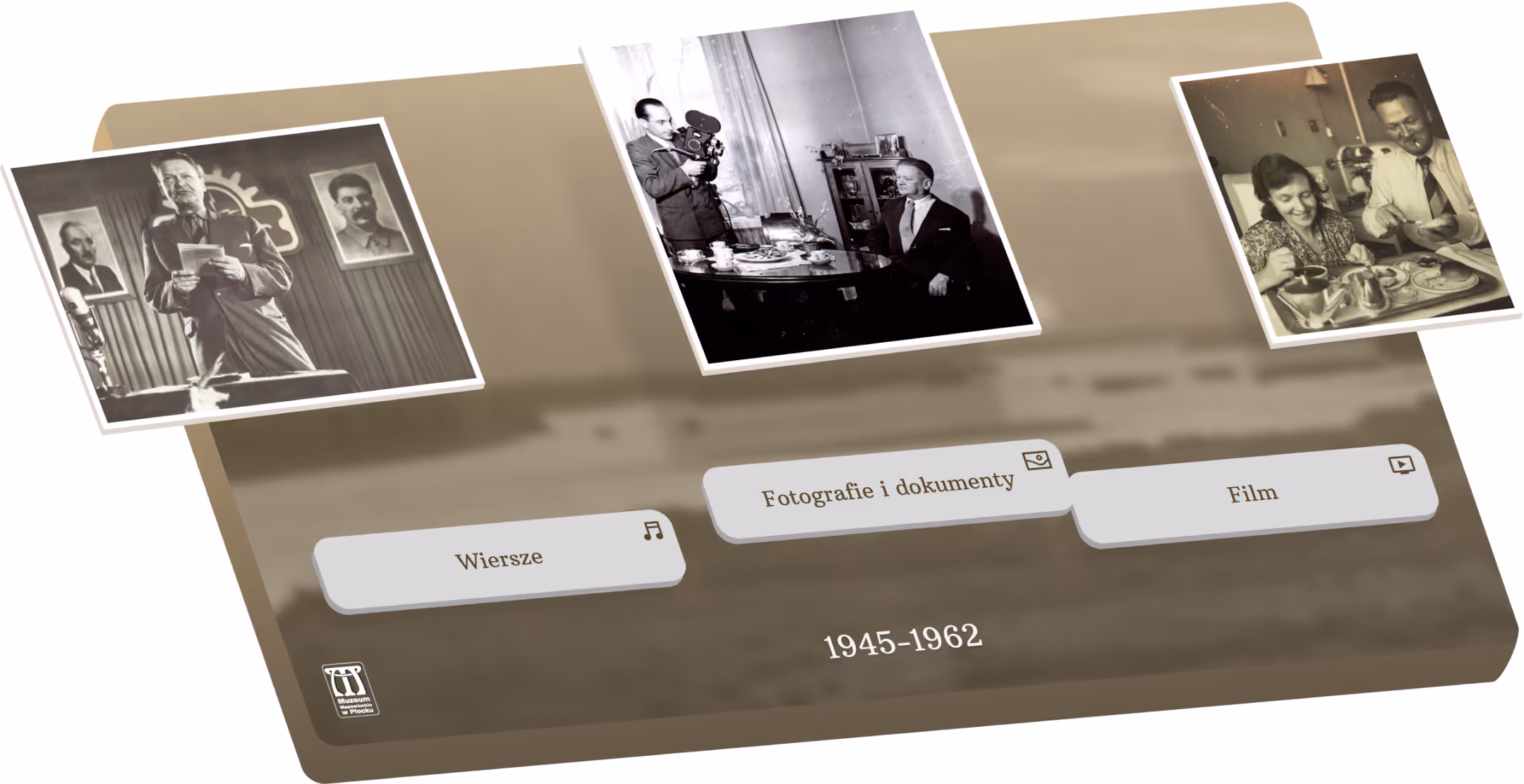 Dynamiczny mockup aplikacji Muzeum Mazowieckiego, przedstawiający interfejs UX/UI z elementami wychodzącymi jeden z drugiego. Wizualizacja interaktywnego działania aplikacji muzealnej.