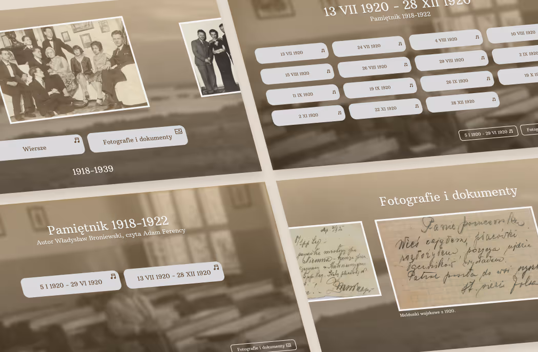Mockup kolejnych ekranów aplikacji o Władysławie Broniewskim. Ilustracja interfejsu UX/UI aplikacji muzealnej z biogramami i dziełami.
