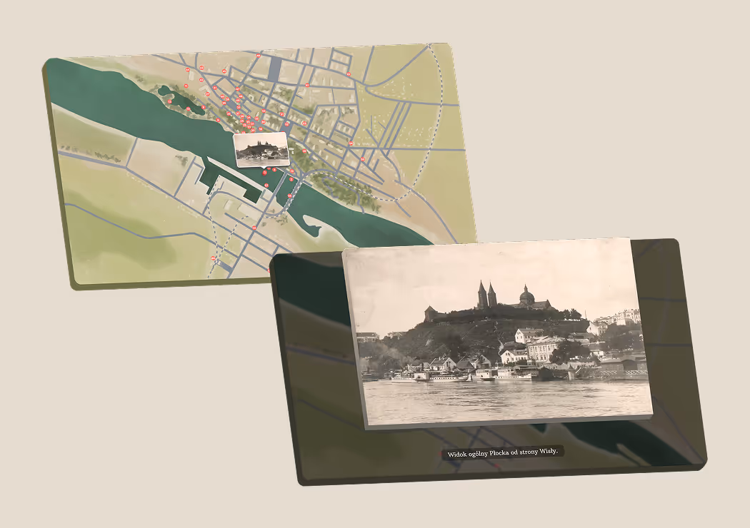 Mockupy aplikacji Muzeum Mazowieckiego z interaktywną mapą dawnego Płocka. Prezentacja interfejsu UI mapy historycznej.
