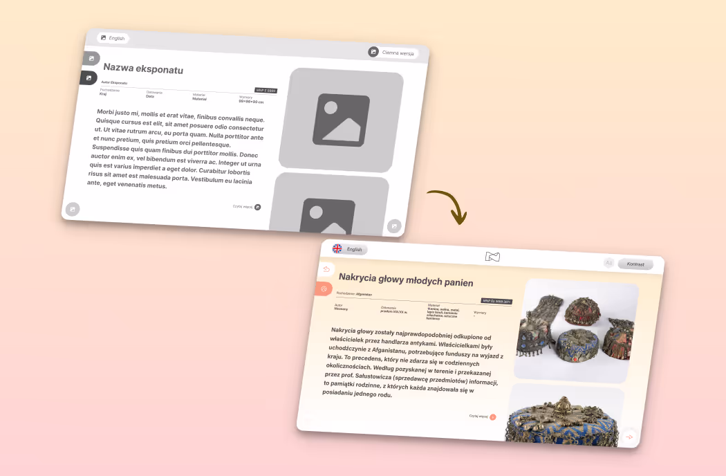Inny widok ekranu aplikacji Muzeum Narodowego w Poznaniu, prezentujący ewolucję od wireframe do finalnego UI designu. Ilustracja procesu projektowania interfejsu.