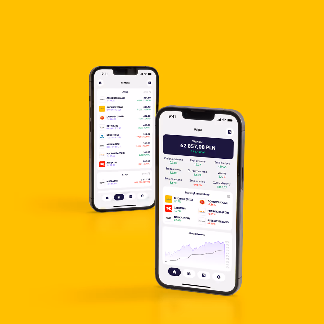 Dwa smartfony z wyświetlonymi różnymi motywami zaprojektowanej aplikacji mobilnej. Przykładowy UI design aplikacji na żóltym tle.