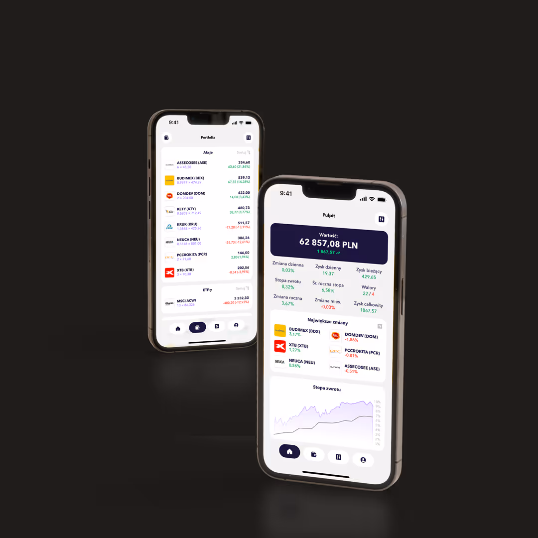 Dwa smartfony z wyświetlonymi różnymi motywami zaprojektowanej aplikacji mobilnej. Przykładowy UI design aplikacji na żółtym tle.
