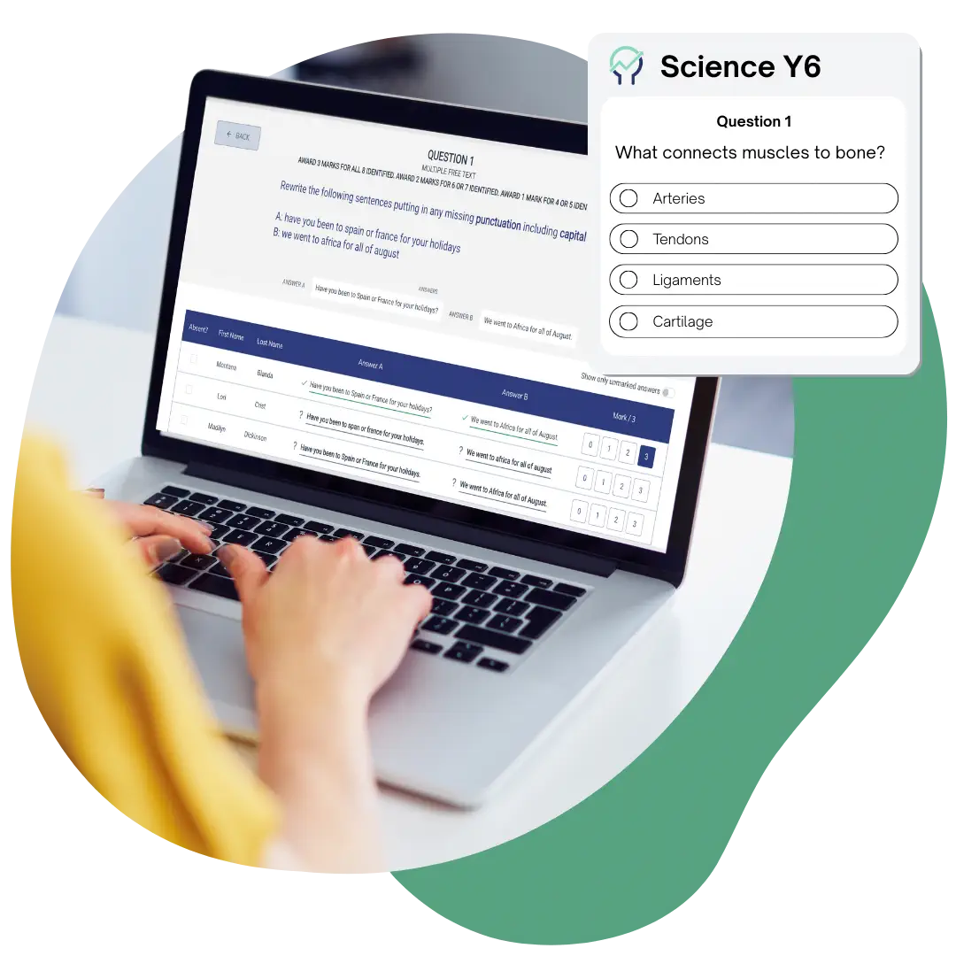 A person at a laptop using a Smartgrade assessment with a pop out of the type of format of a question a student may see.