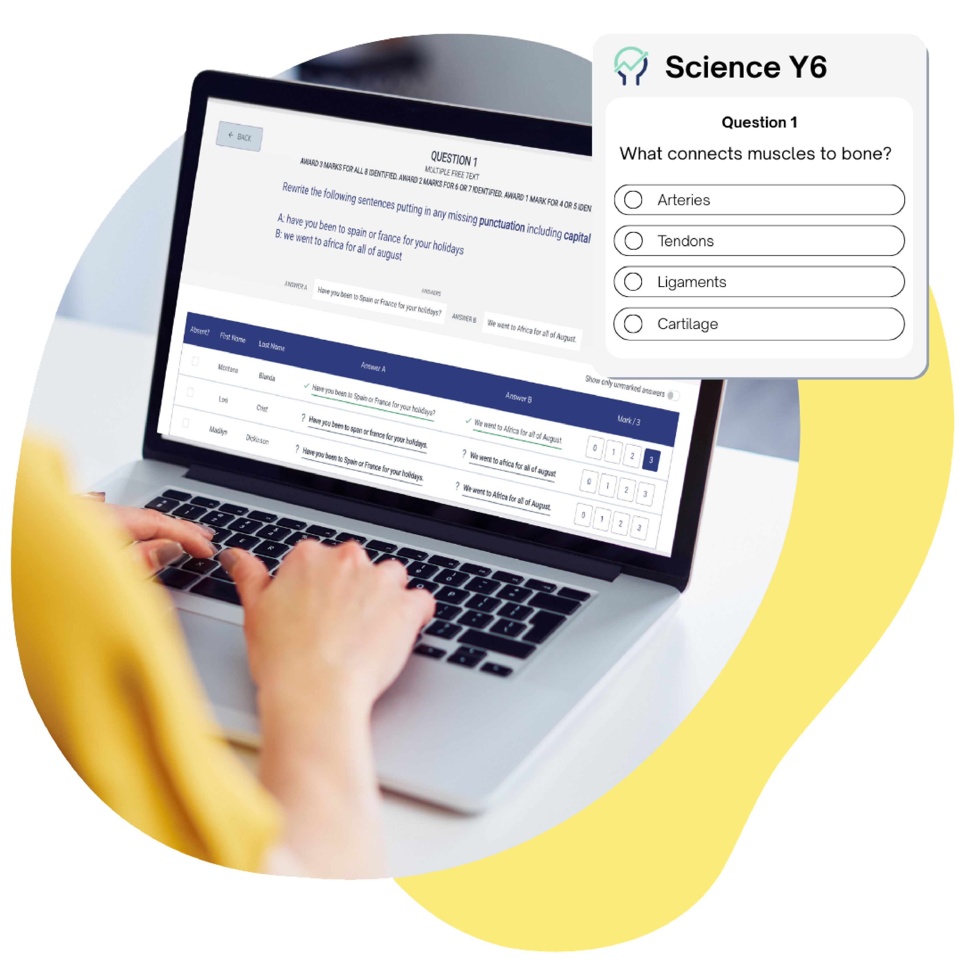 A person at a laptop using a Smartgrade assessment with a pop out of the type of format of a question a student may see.