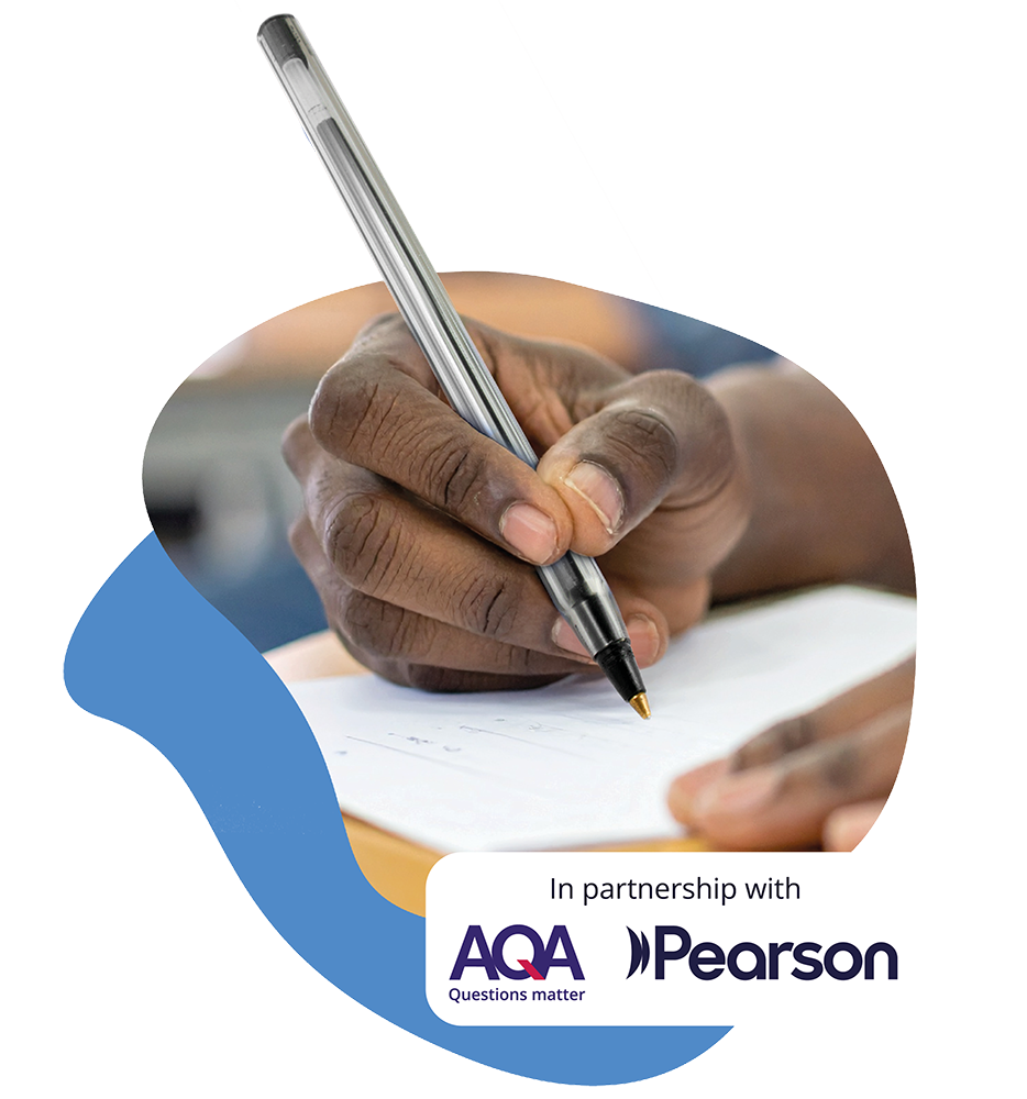 A student writing on their year 10 mock exam paper with logo partners AQA and Pearsons Edexcel.
