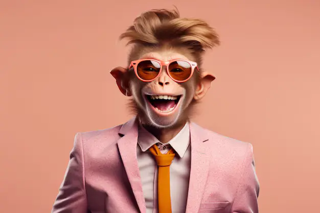 Chimpanzee with stylish hair wearing orange sunglasses, a pink suit jacket, white shirt, and orange tie against a peach background.