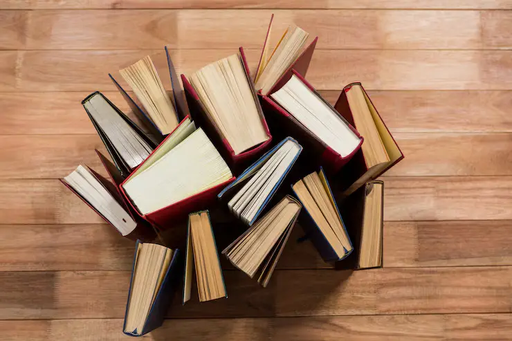 Overhead view of a group of hardcover books standing upright and fanned out on a wooden floor.
