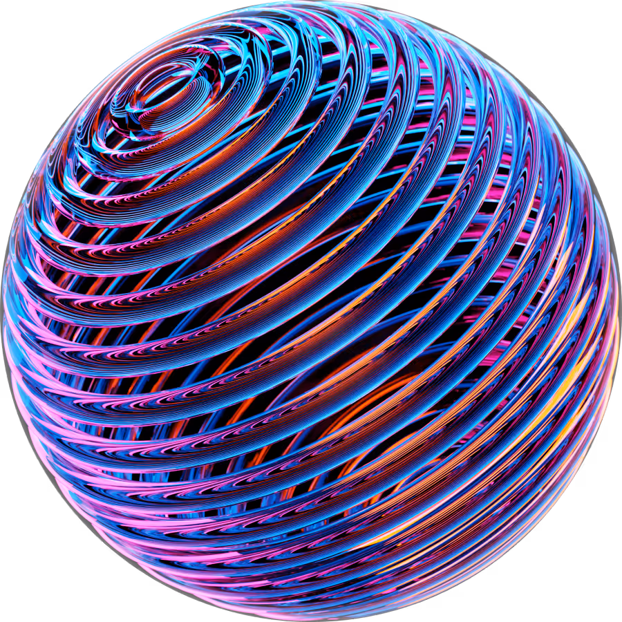 Colorful abstract sphere with intertwined neon blue, pink, and orange spiral bands on black background.