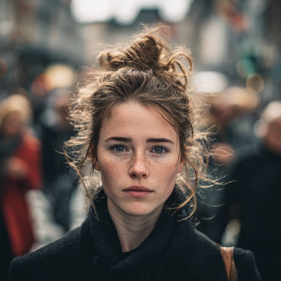 Nærbilde av kvinne i europeisk by - agorafobi.