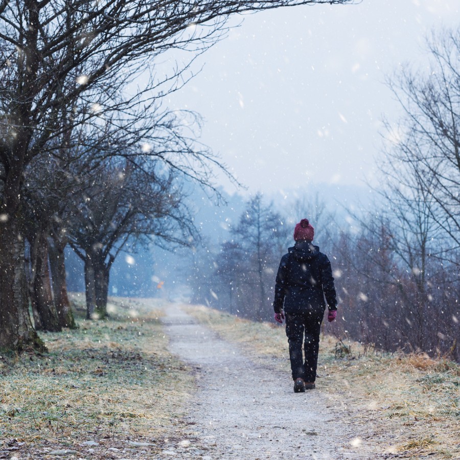 Person struggling with winter depression walking through a forest trail while it snows.