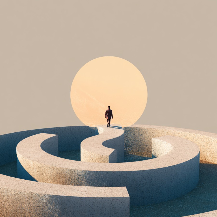 Person walks into the horizon over a maze