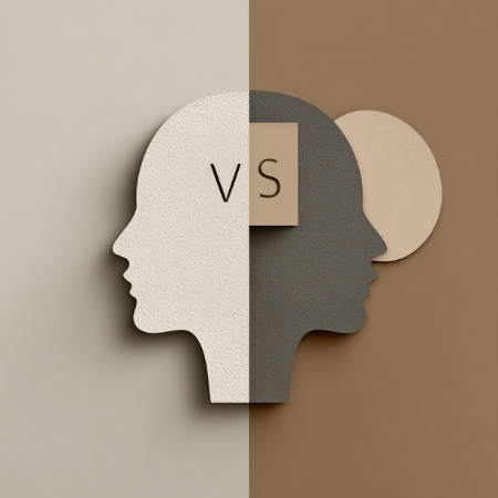 A mixed media graphic of two faces divided in the middle, one side VS the other