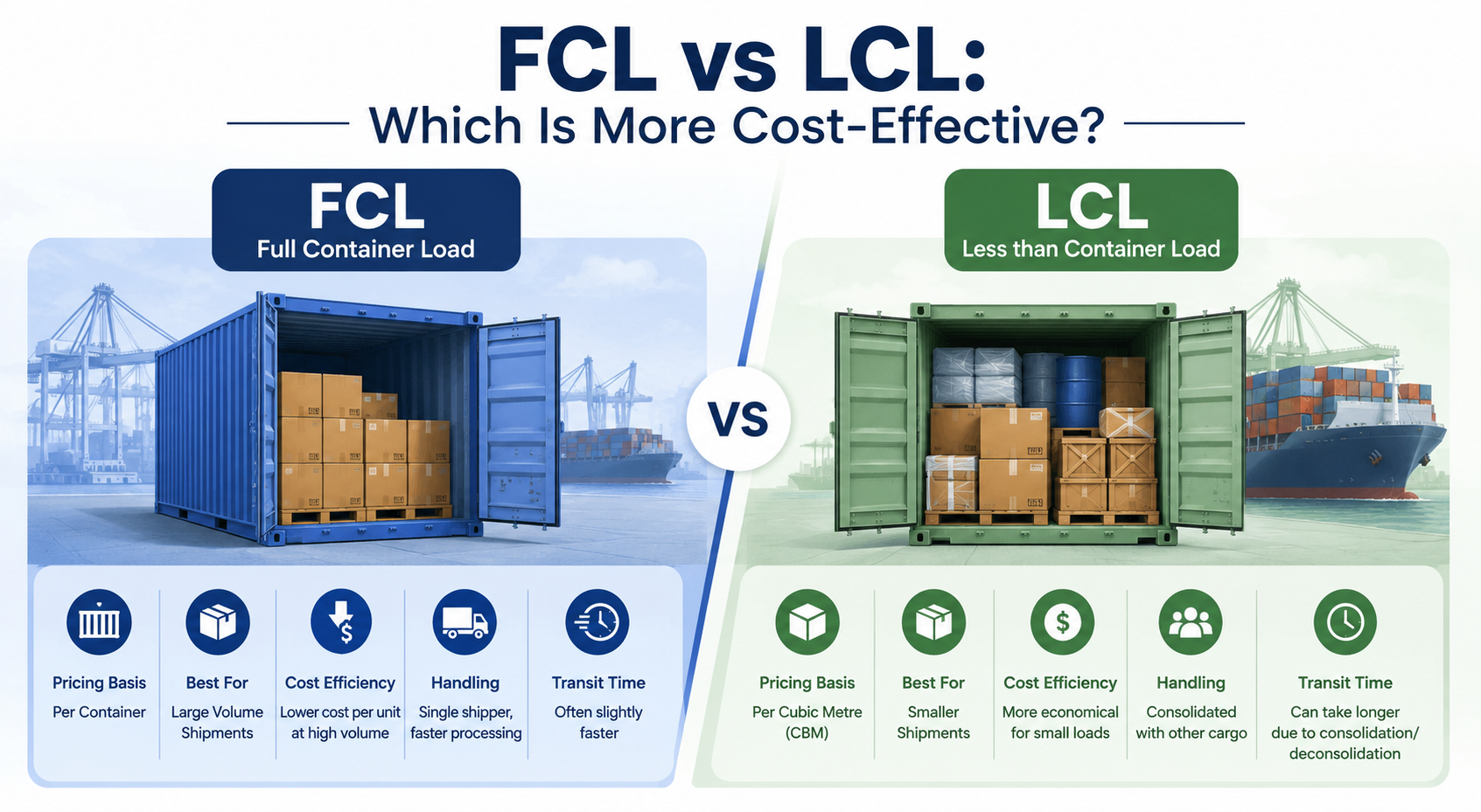 Landscape infographic comparing FCL and LCL sea freight options by pricing basis, shipment size, cost efficiency, handling, and transit time.