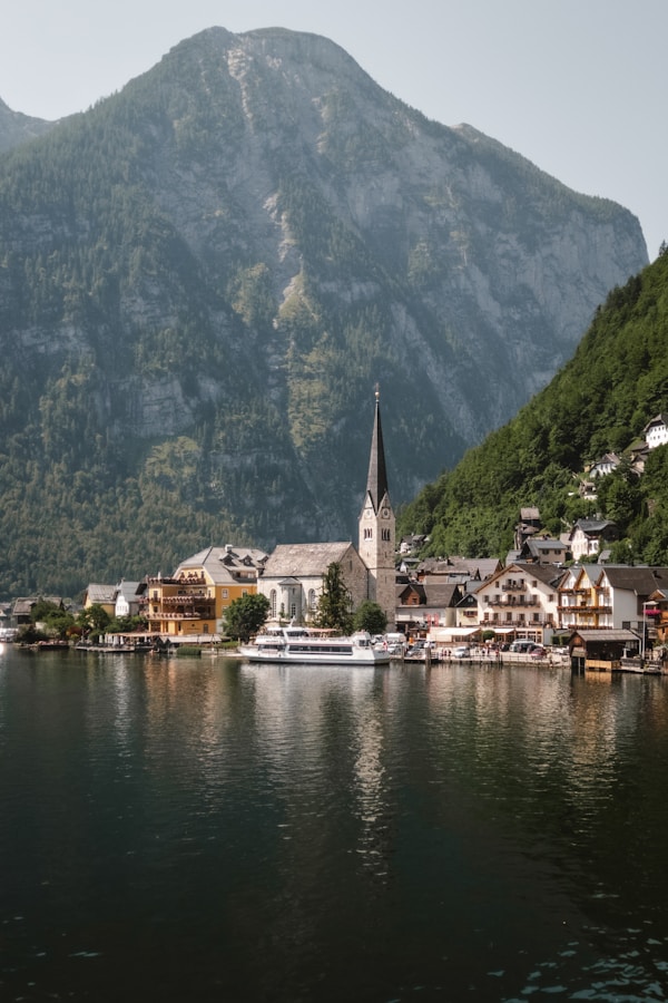 Picturesque European town nestled by mountains