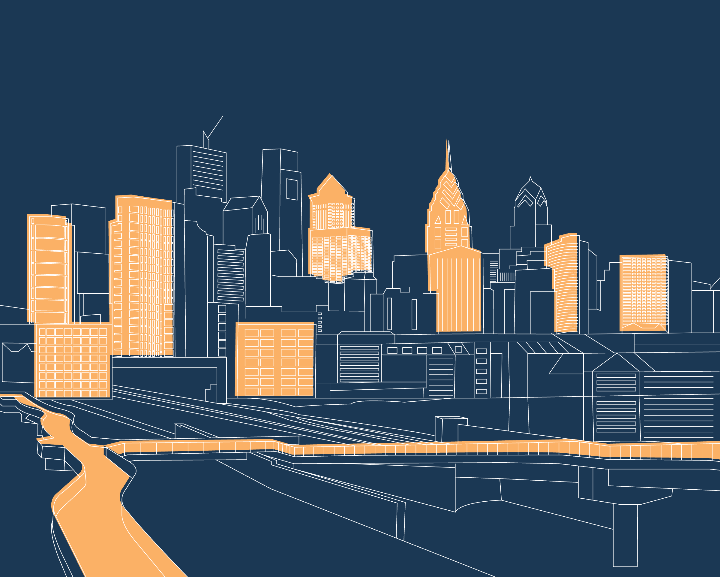 outerly social walks in dc - cartoon image in blue and orange of washington, dc skyline