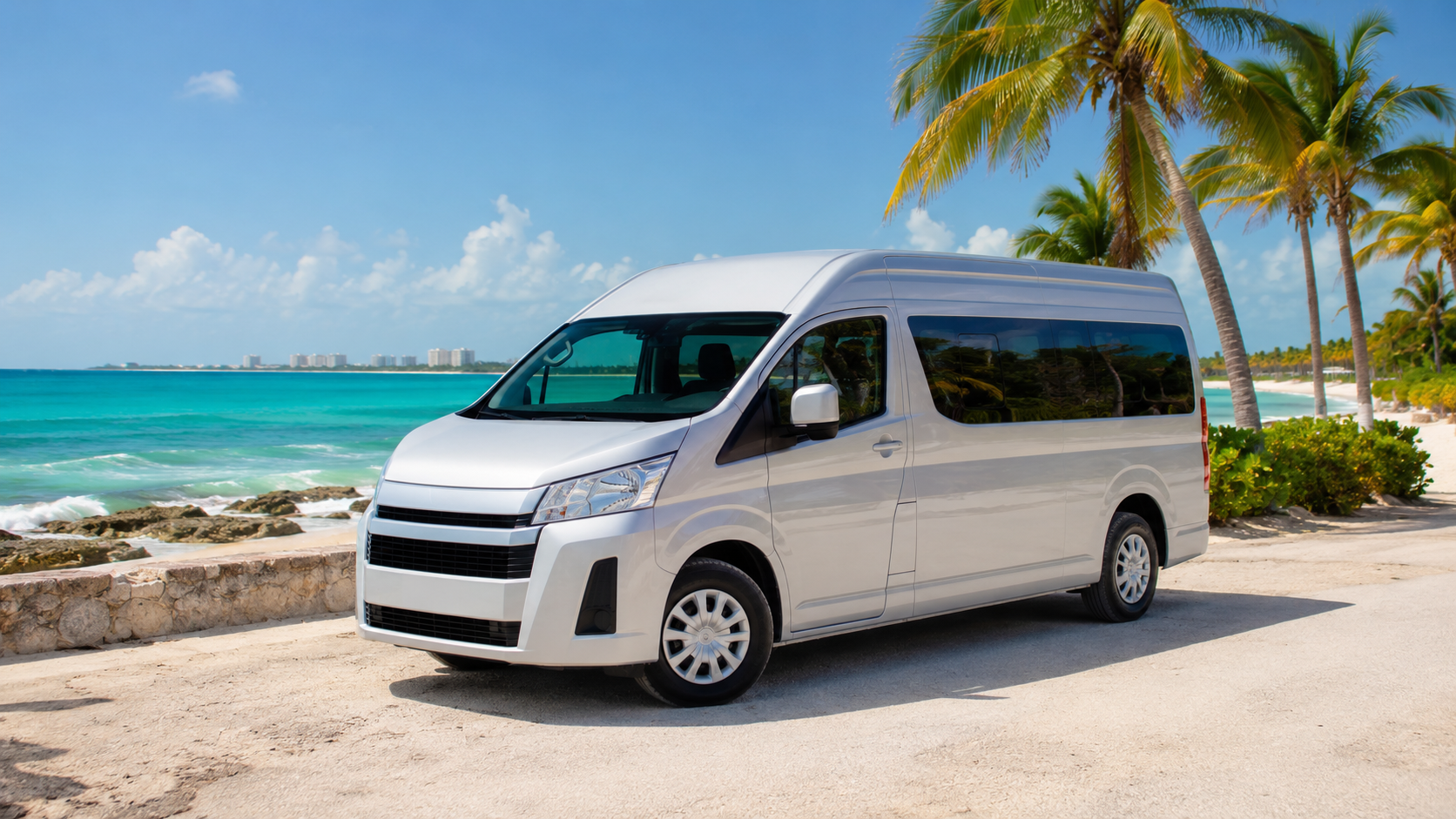 A white passenger van is parked near the beach with palm trees and bright ocean views in the background, highlighting a comfortable rental vehicle for exploring coastal destinations with Avant