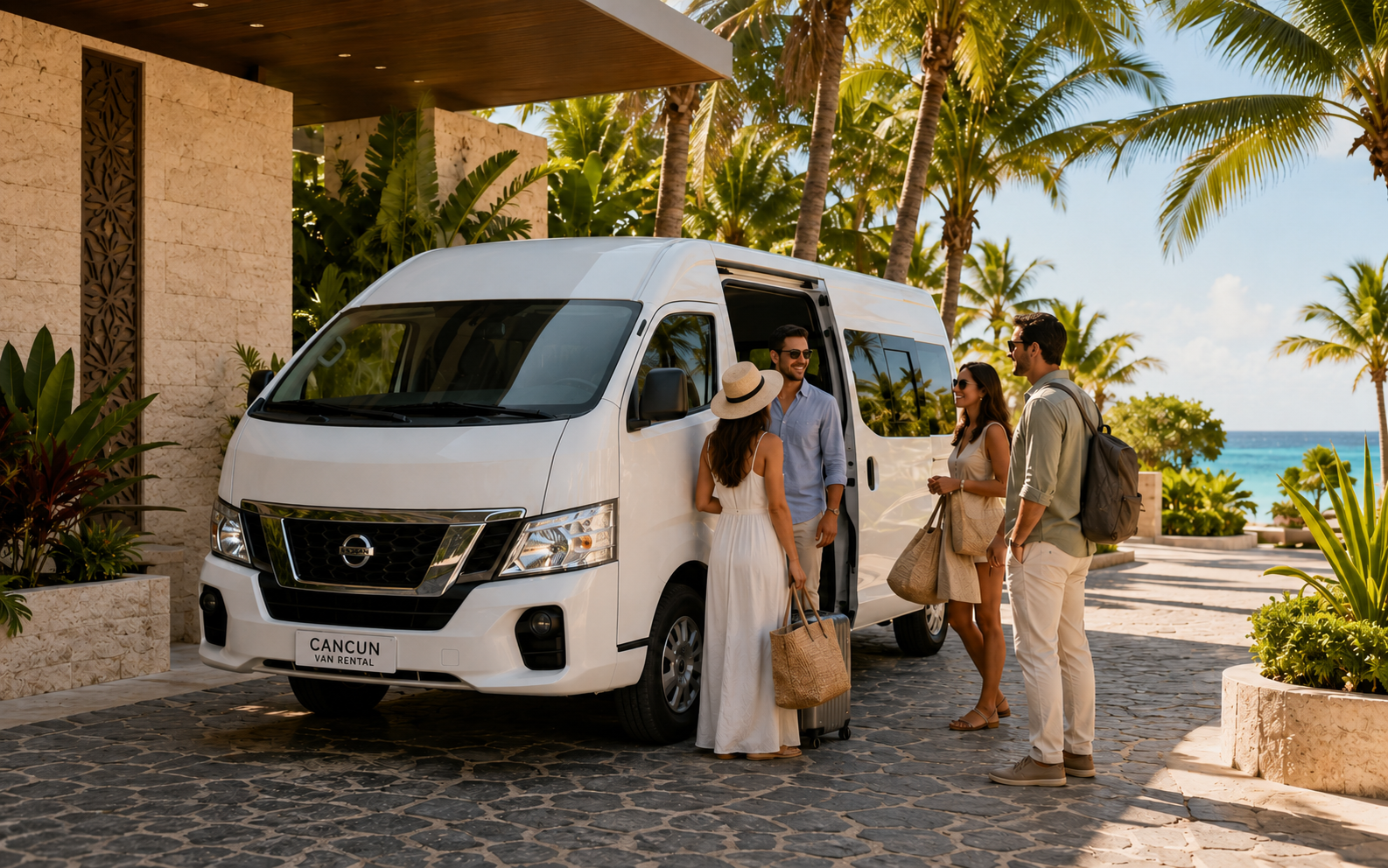 A group of travelers stands beside a white passenger van outside a tropical resort, reflecting convenient and comfortable transportation for vacations, families, and shared trips with Avant