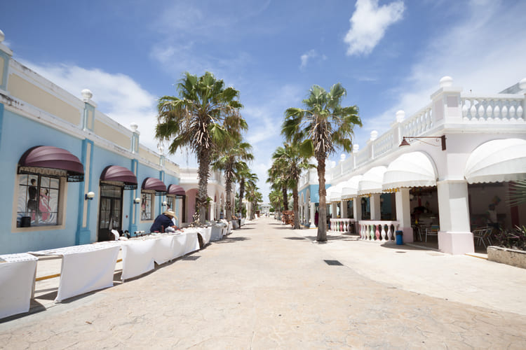 A sunny open-air shopping street lined with palm trees and colorful storefronts invites travelers to explore local shops and leisure spots with the convenience of a rental car from Avant