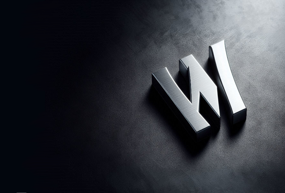 Silbernes, dreidimensionales Logo mit den Buchstaben 'W' und 'I' auf dunklem Hintergrund.