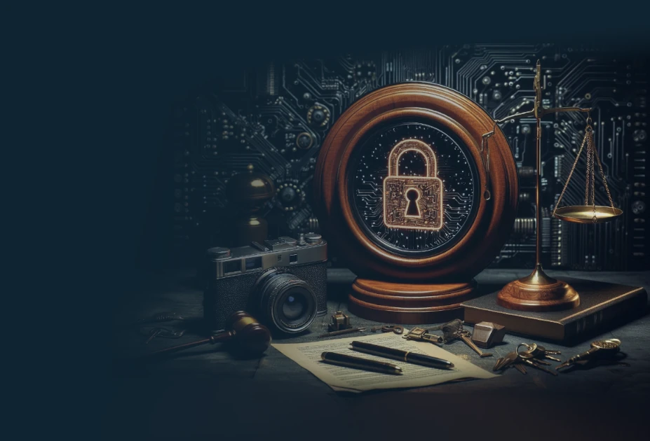 Auf einem Tisch liegt ein Richterhammer mit rundem hölzernen Resonanzblock in dessen Mitte ein digitales Schloss-Symbol abgebildet ist. Rechts daneben steht eine Waagschale. Davor liegen eine Kamera, ein Stapel Rechtsdokumente, zwei Stifte und mehrere Schlüssel. Im Hintergrund sind technische Schaltkreise sichtbar.