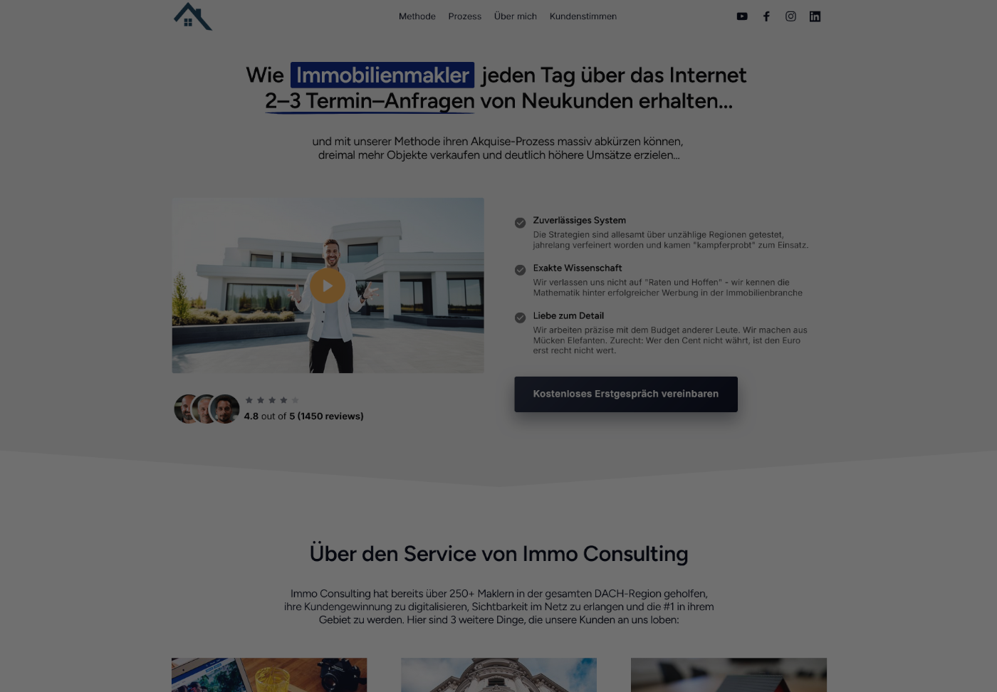 Startseite eines Immobilienmaklers. Schlagzeile: "Wie Immobilienmakler jeden Tag über das Internet 2–3 Termin-Anfragen von Neukunden erhalten...". Eingebettet ist ein Video in dem ein Makler und Im Hintergrund ein modernes Gebäude zu sehen ist.