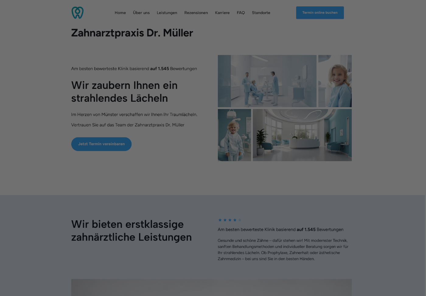 Webseite der Zahnarztpraxis Dr. Müller mit Informationen über Dienstleistungen und Bewertungen. Schlagzeile: "Zahnarztpraxis Dr. Müller", "Wir zaubern Ihnen ein stahlendes Lächeln".