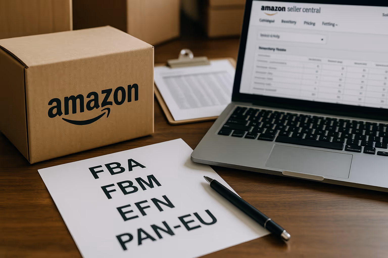 Modele logistyki Amazon – FBA, FBM, EFN i Pan-EU zapisane na kartce obok laptopa z Seller Central i pudełka Amazon na biurku.