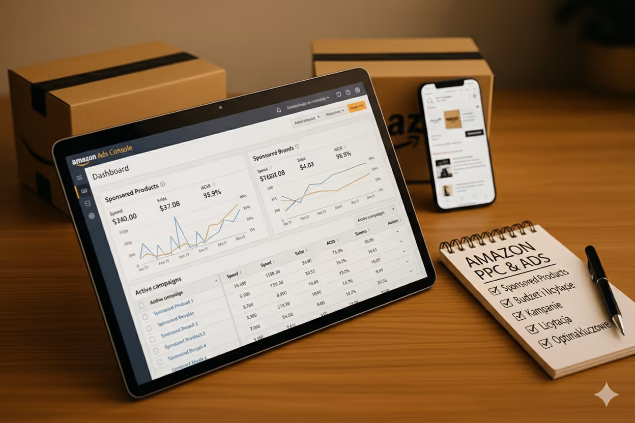 Przykładowy dashboard Amazon Ads z wynikami kampanii PPC, metrykami sprzedaży i skuteczności reklam.