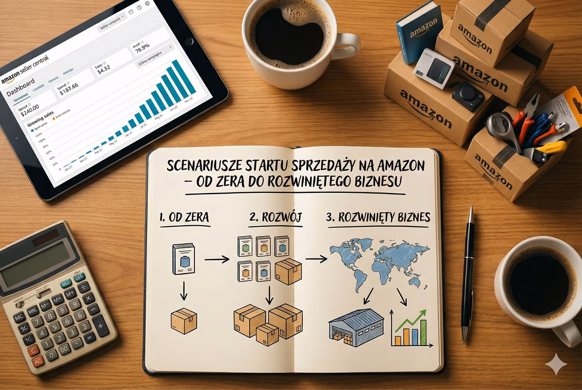 Scenariusze startu sprzedaży na Amazon – od pierwszego produktu, przez rozwój oferty, po skalowanie biznesu i ekspansję międzynarodową.