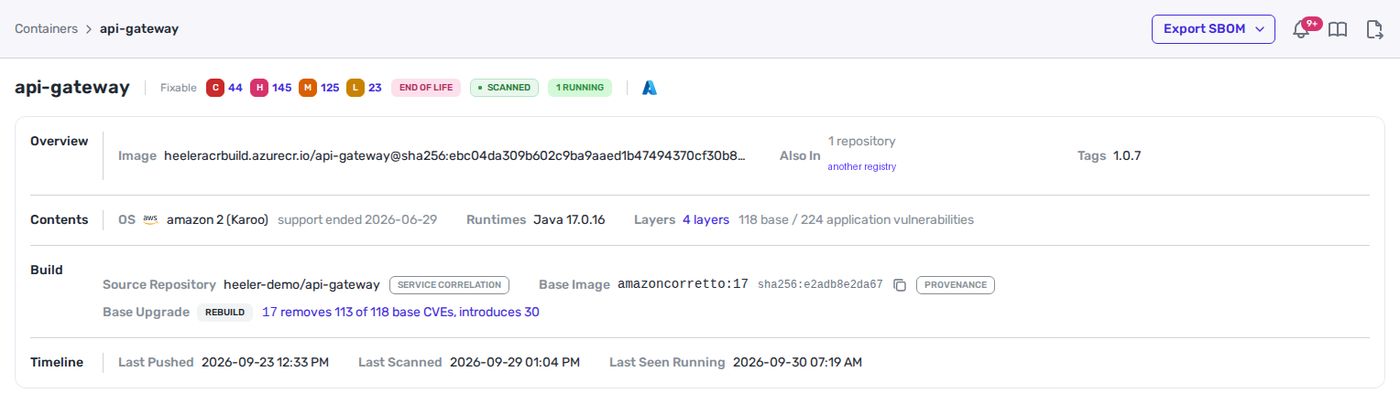 Container image detail: end-of-life OS, source repository, base image amazoncorretto:17 and a base upgrade that removes 113 of 118 base CVEs.