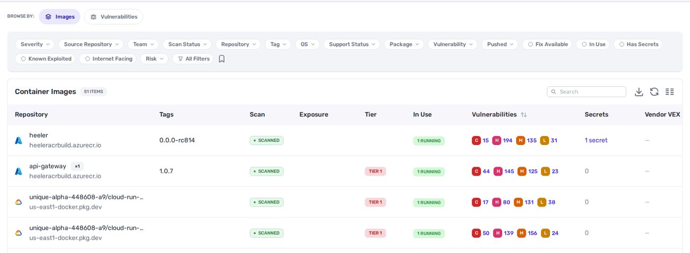 Heeler container images table with registry, tags, scan status, tier, running status and vulnerability counts.