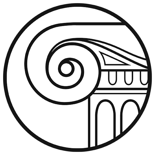Black and white circular icon featuring an Ionic column capital with volute scroll design.