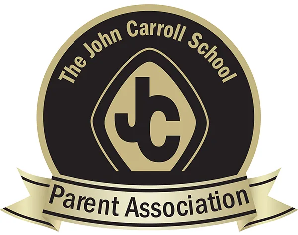 Logo of The John Carroll School Parent Association featuring initials JC inside a rounded shape and a banner with text.