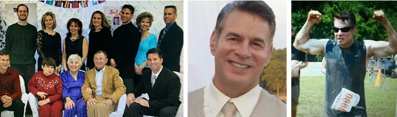 Three images: large multigenerational family group posing indoors, close-up of a smiling man in a suit, and a muscular man flexing his arms outdoors at a race event.