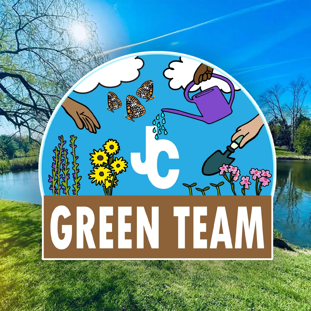 Logo with gardening illustrations including hands planting flowers, watering can, butterflies, and text 'JC GREEN TEAM' on a blue sky and brown soil background.