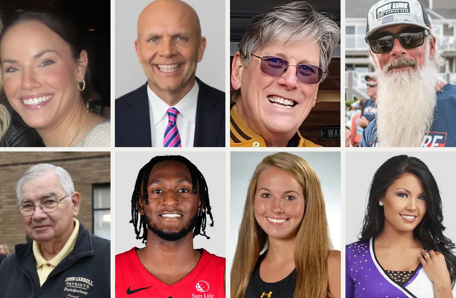Collage of eight smiling individuals including a woman with hoop earrings, a bald man in a suit, a man with sunglasses and gray hair, a man with a long white beard and cap, an elderly man in glasses and a dark jacket, a young man in a red sports jersey, a young woman with long blonde hair in a black tank top, and a woman with long dark hair in a purple and white outfit.