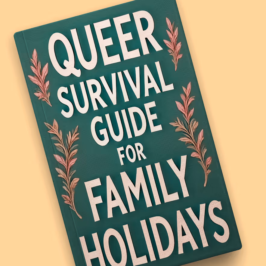 Book cover titled 'Queer Survival Guide for Family Holidays' with decorative pink leaves on a green background.