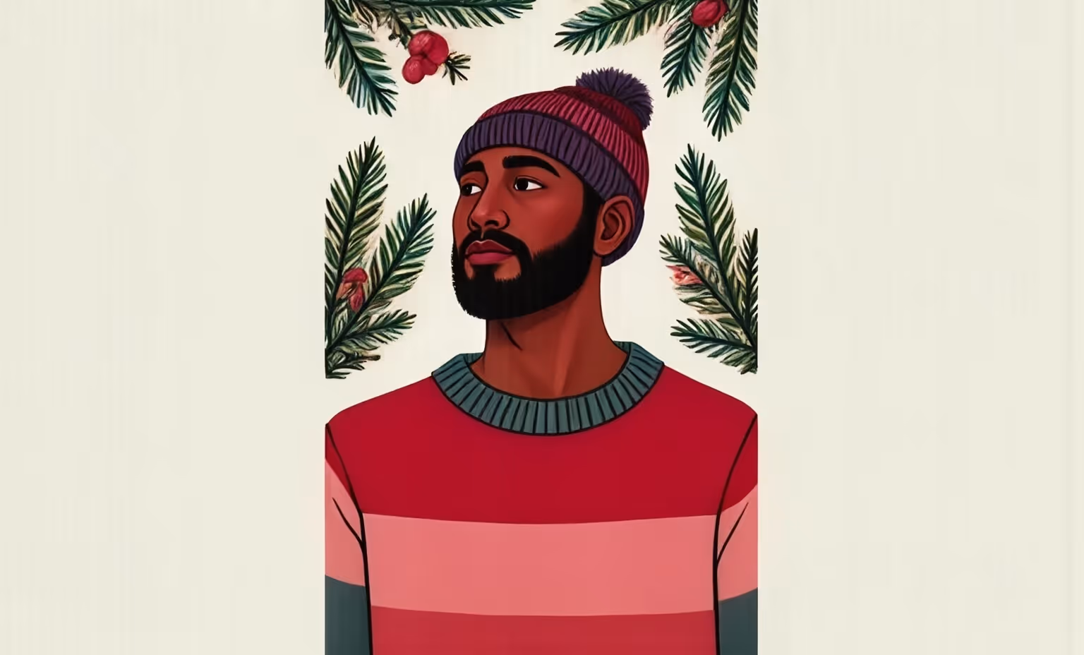 Illustration of a bearded man wearing a striped beanie and a red and pink sweater, surrounded by green pine branches with red berries.