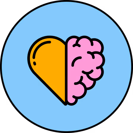 Icon combining half a yellow heart and half a pink brain on a light blue circular background.