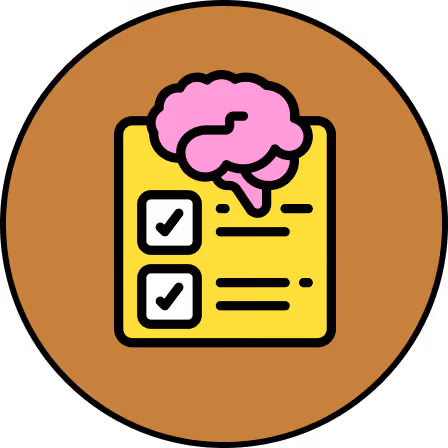 Icon of a pink brain above a yellow checklist with two checked boxes on a brown circular background.