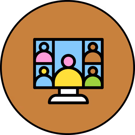 Icon of a computer monitor showing a video conference with five participants in colorful avatars on a brown circular background.