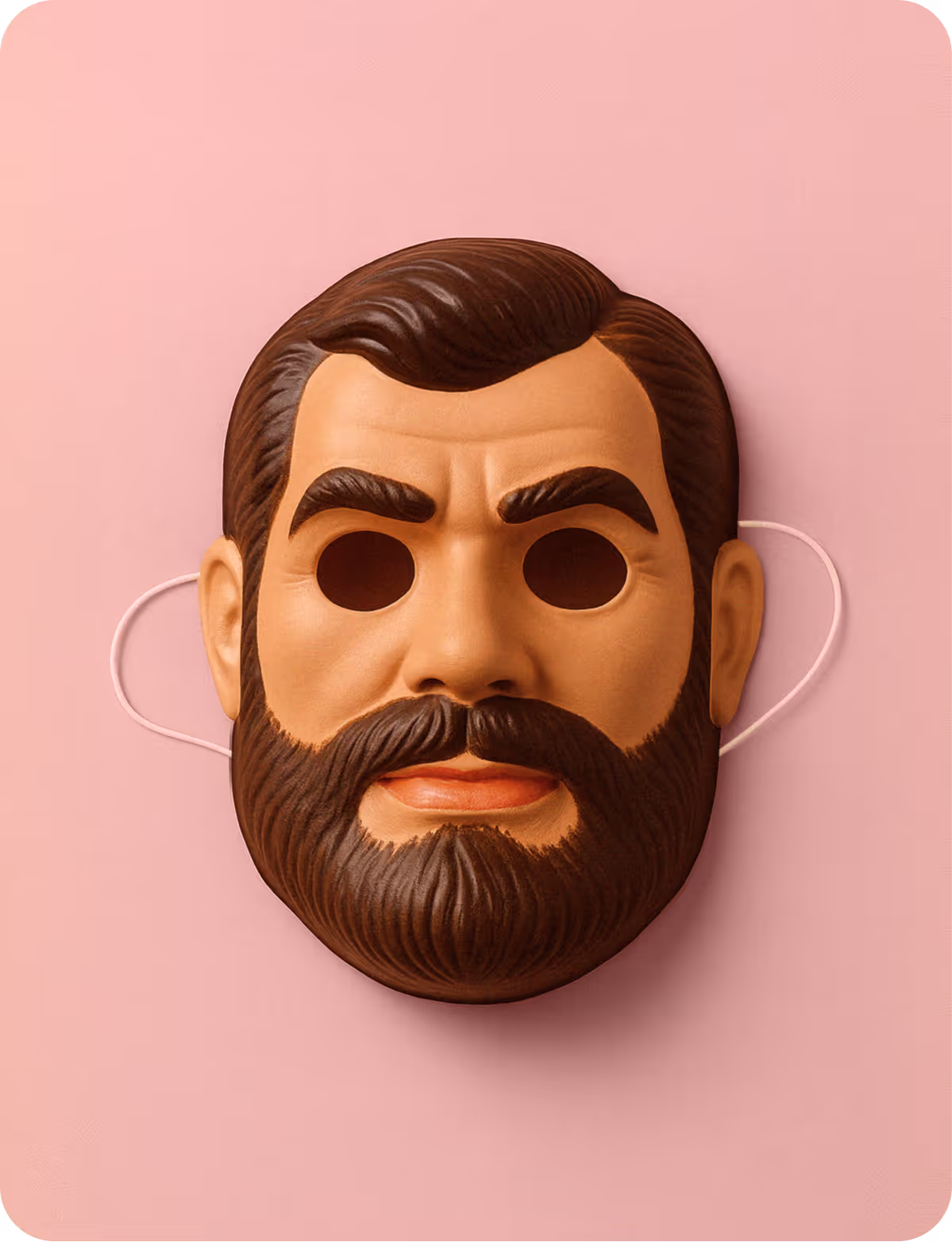 Mask of a bearded man with styled hair and prominent eyebrows on a pink background.