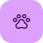 Black paw print icon centered on a purple circular background.