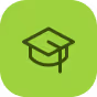 Black graduation cap icon on a green circular background.