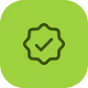 Green circular badge with a checkmark inside a starburst shape, indicating approval or verification.