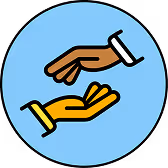 Icon of two hands reaching towards each other on a blue circular background, symbolizing support and connection.