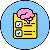Icon of a medical clipboard with a brain illustration and checkboxes, representing mental health assessment and planning.