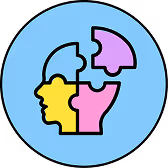 Icon of a human profile made of colorful puzzle pieces, representing a comprehensive and personalized approach to mental health.